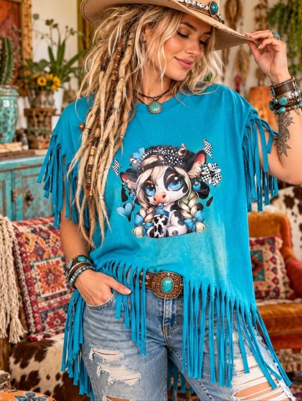 4/$15 Turquoise Cowgirl Graphic Fringe Tee Medium Western Boho Y2K Festival 90s